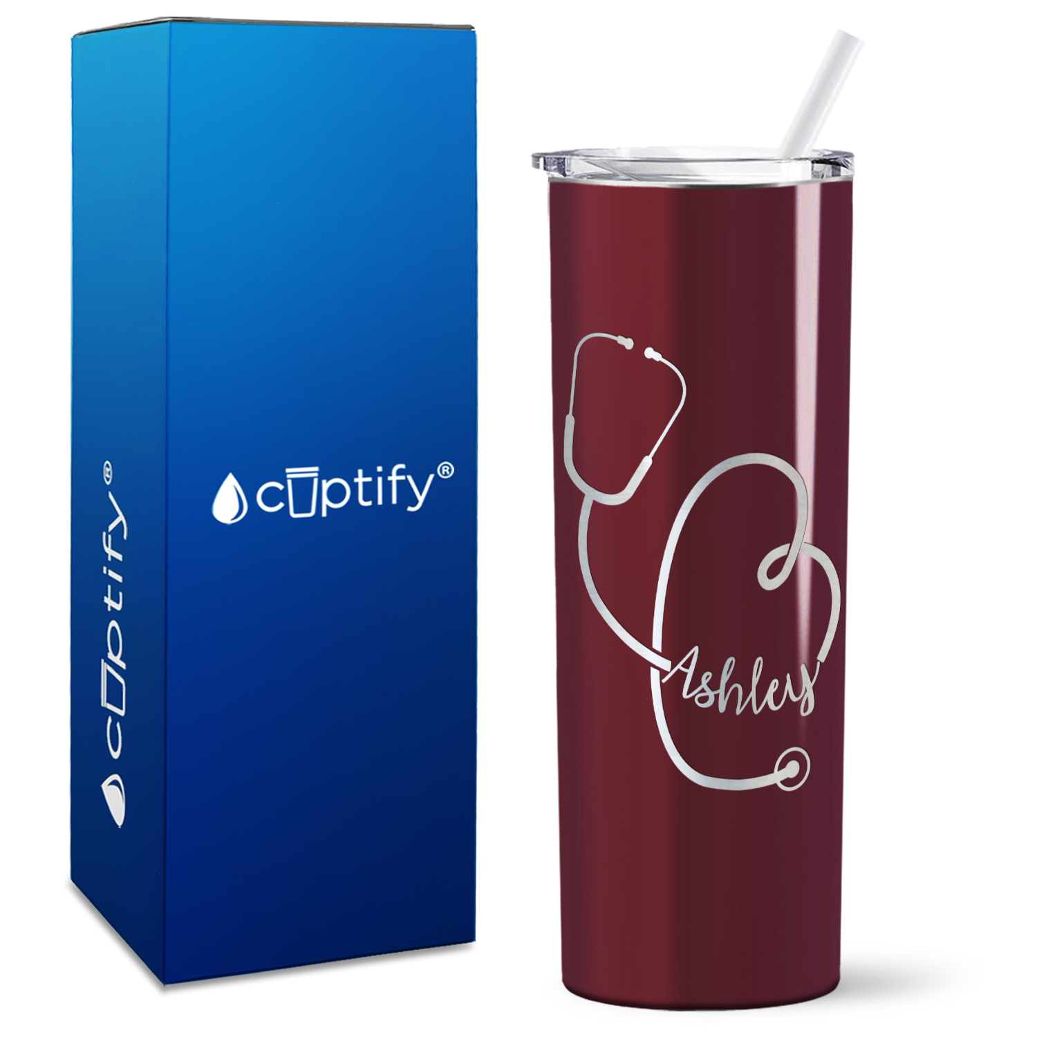 Personalized Stethoscope Curly on 20oz Skinny Tumbler