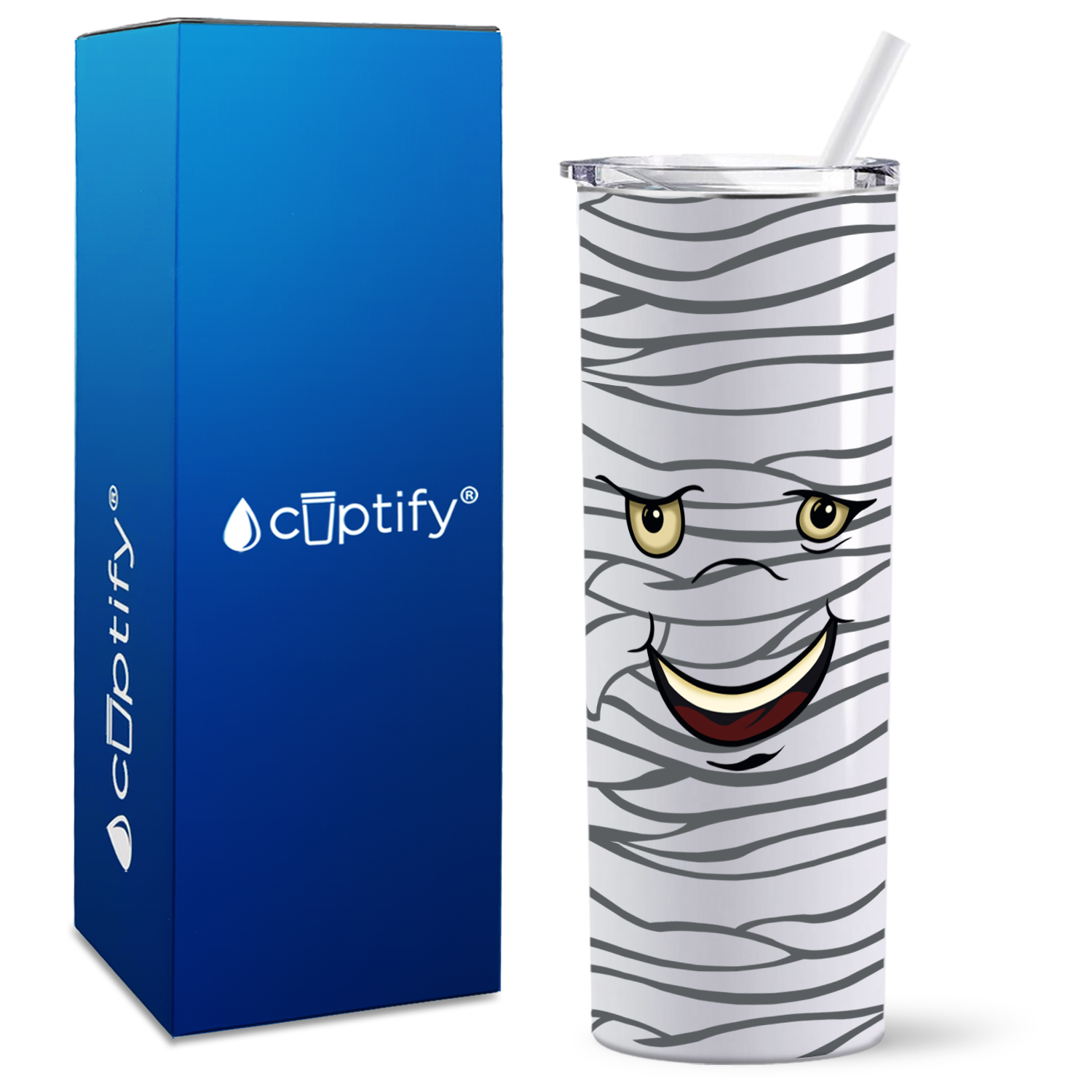 Happy Mummy on White 20oz Halloween Skinny Tumbler