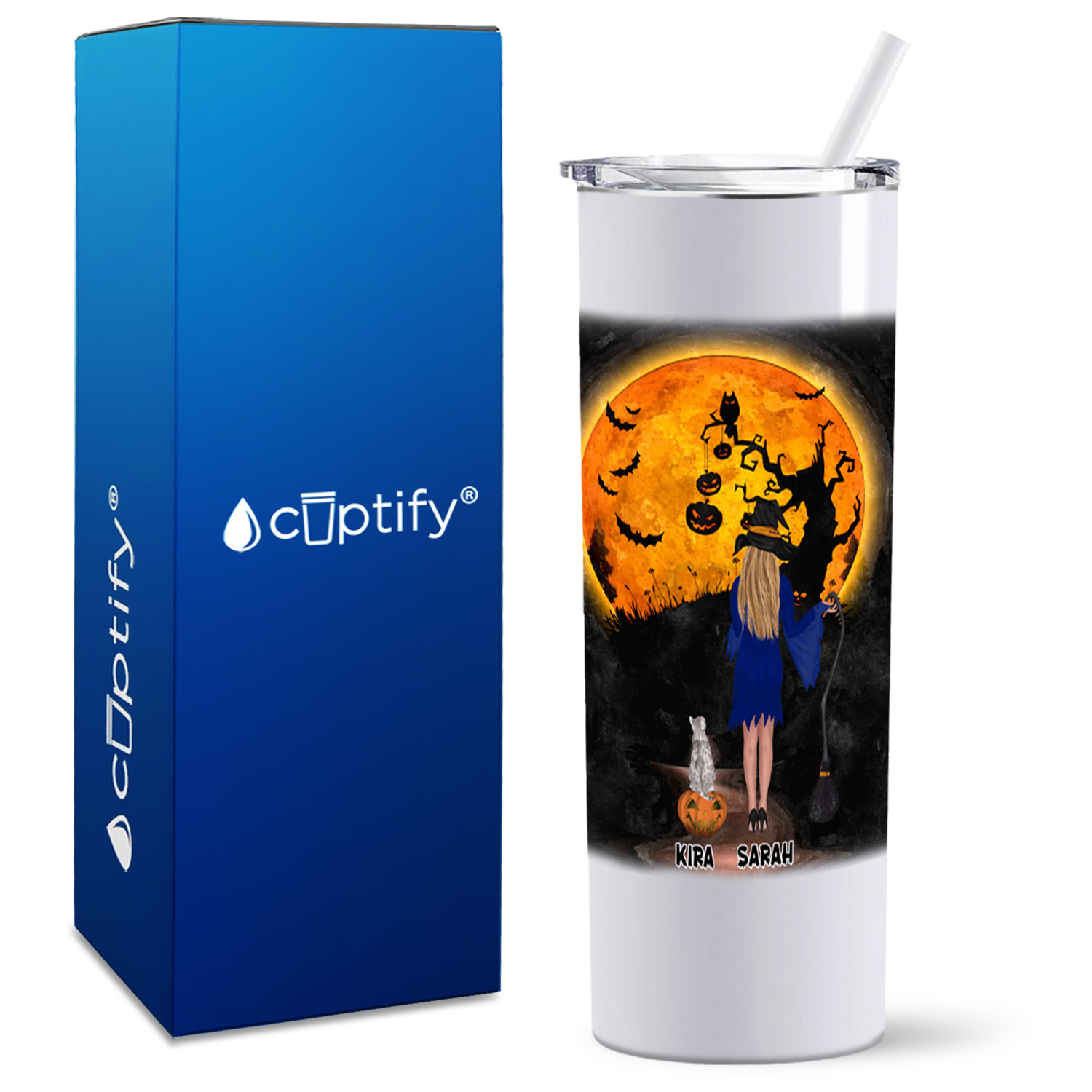 Personalized Halloween is Better with a Cat Witch with Broom on White 20oz Halloween Skinny Tumbler