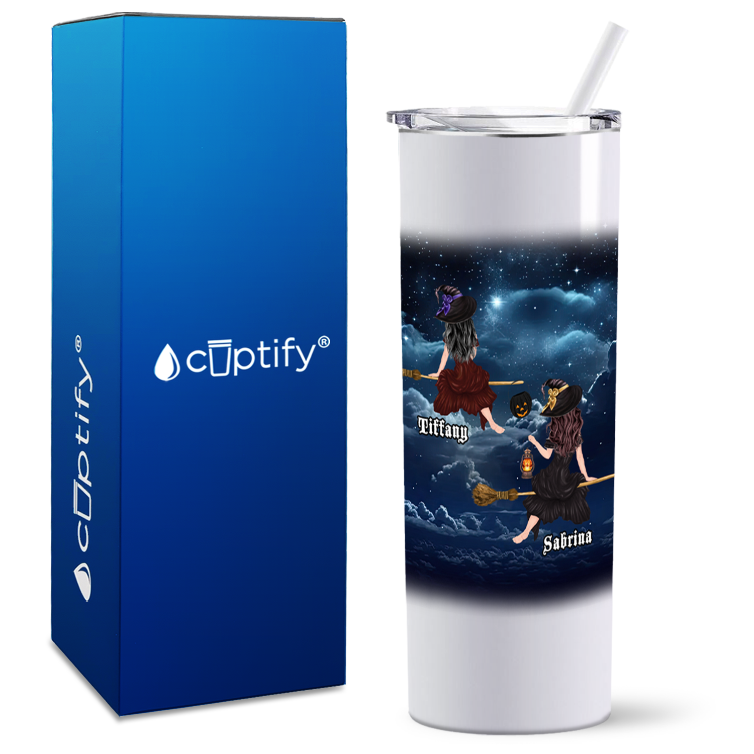 Personalized Flying Best Witches on White 20oz Halloween Skinny Tumbler