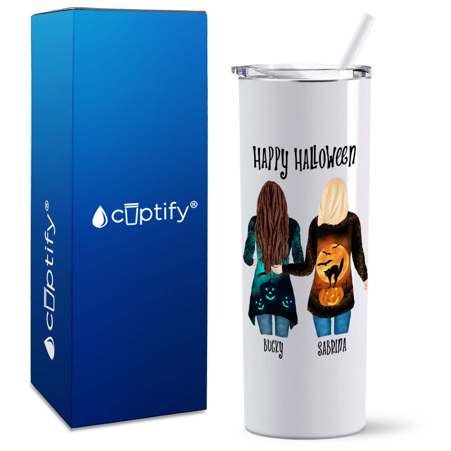 Personalized Happy Halloween Best Witches Besties on White 20oz Halloween Skinny Tumbler