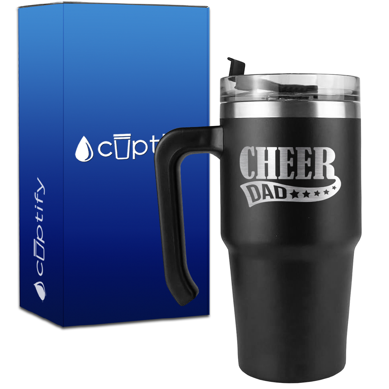 Cheer Dad Swoosh Stars on 20oz Cheer Travel Mug