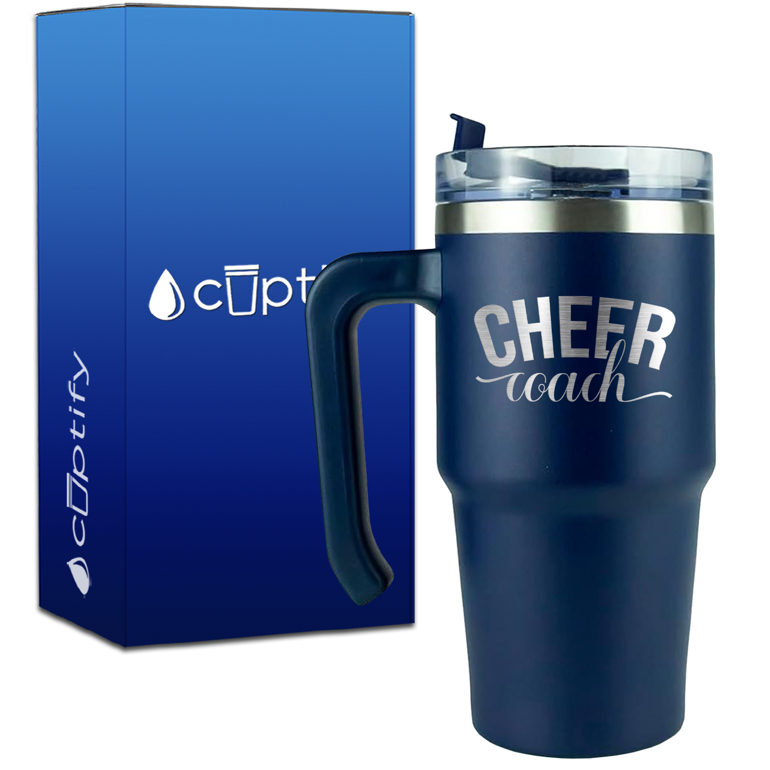 Cheer Coach Script Angled on 20oz Cheer Travel Mug