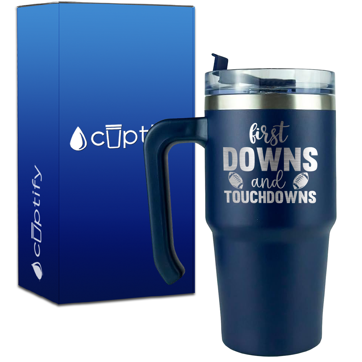 First Downs and Touchdowns on 20oz Football Travel Mug