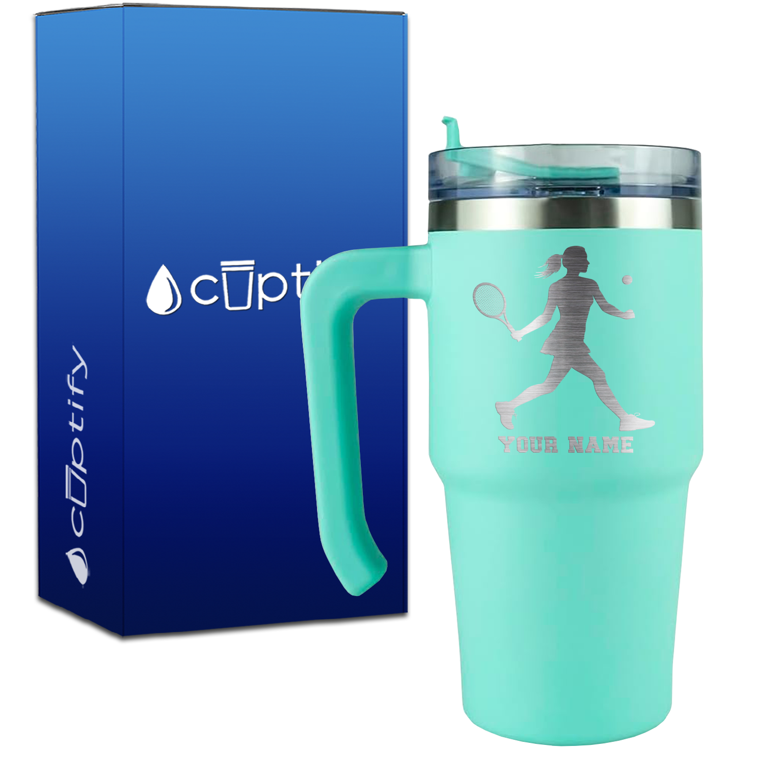 Personalized Female Tennis Player Silhouette on 20oz Tennis Travel Mug