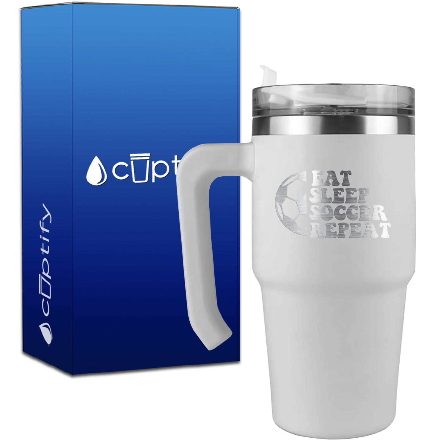 Eat Sleep Soccer Repeat Soccer Ball on 20oz Soccer Travel Mug