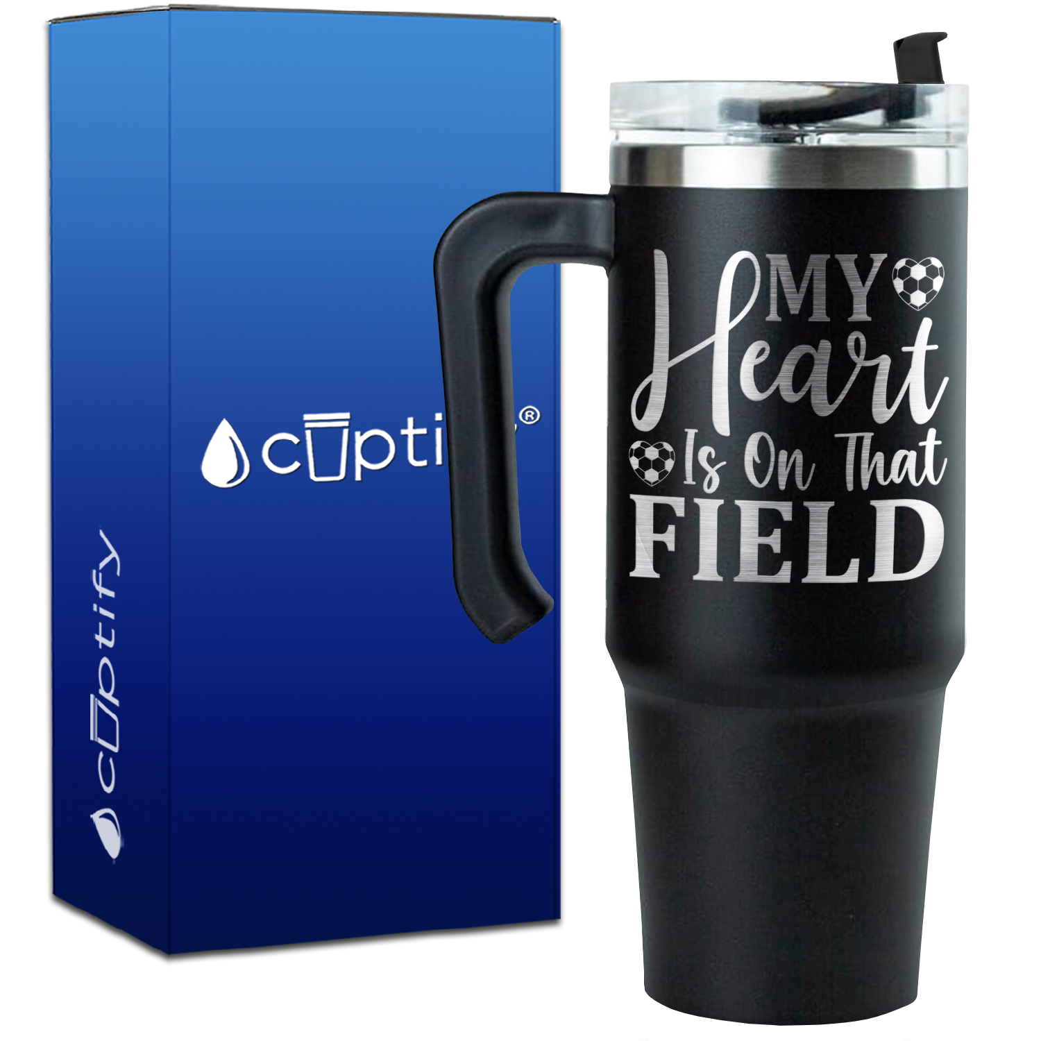 My Heart is on That Field Hearts on 30oz Soccer Travel Mug