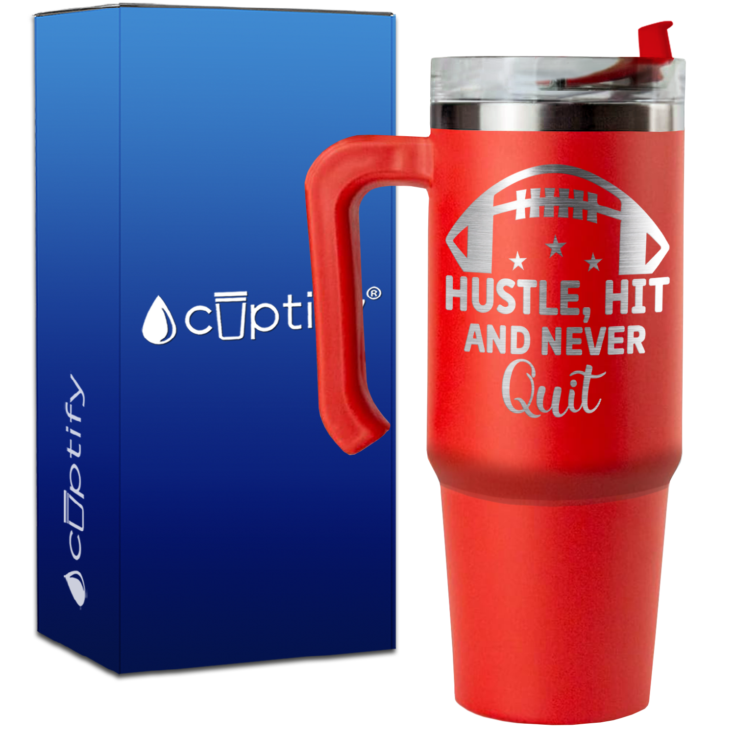 Hustle, Hit, and Never Quit on 30oz Football Travel Mug