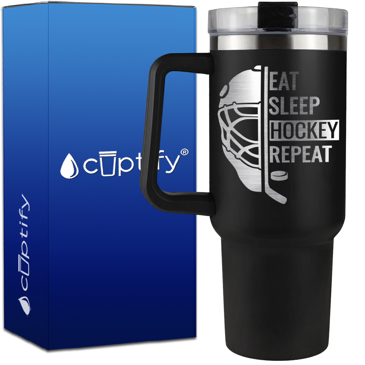 Eat. Sleep. Hockey. Repeat. Helmet on 40oz Hockey Traveler Mug