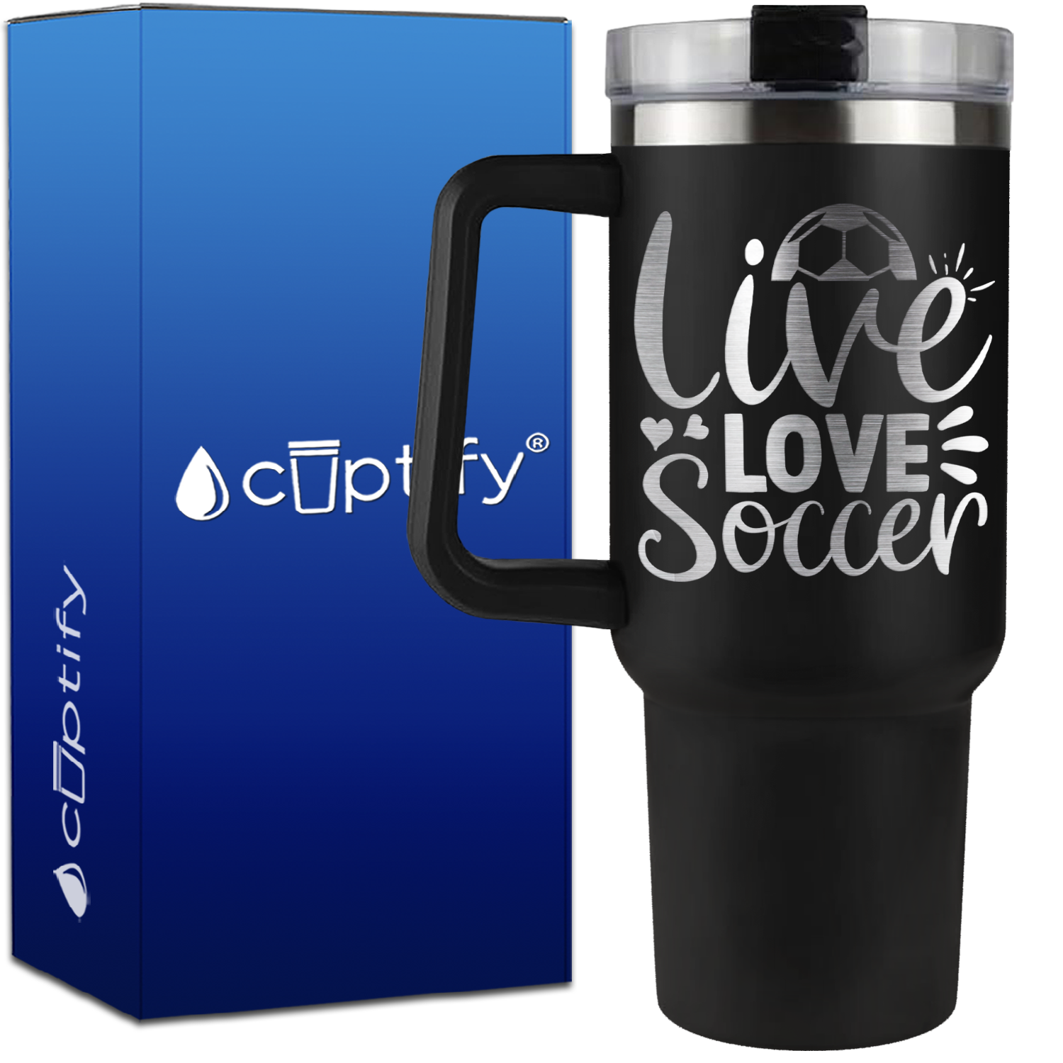 Live Love Soccer Hearts and Ball on 40oz Soccer Traveler Mug