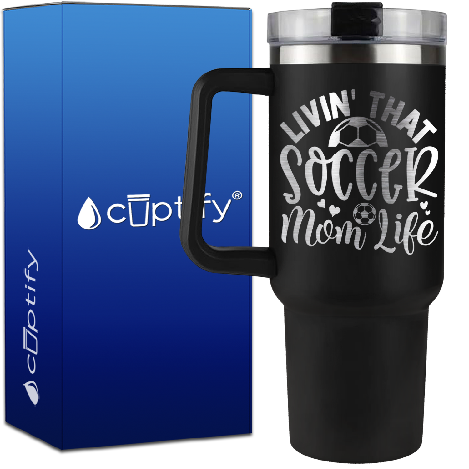 Livin' that Soccer Mom Life Hearts and Ball on 40oz Soccer Traveler Mug
