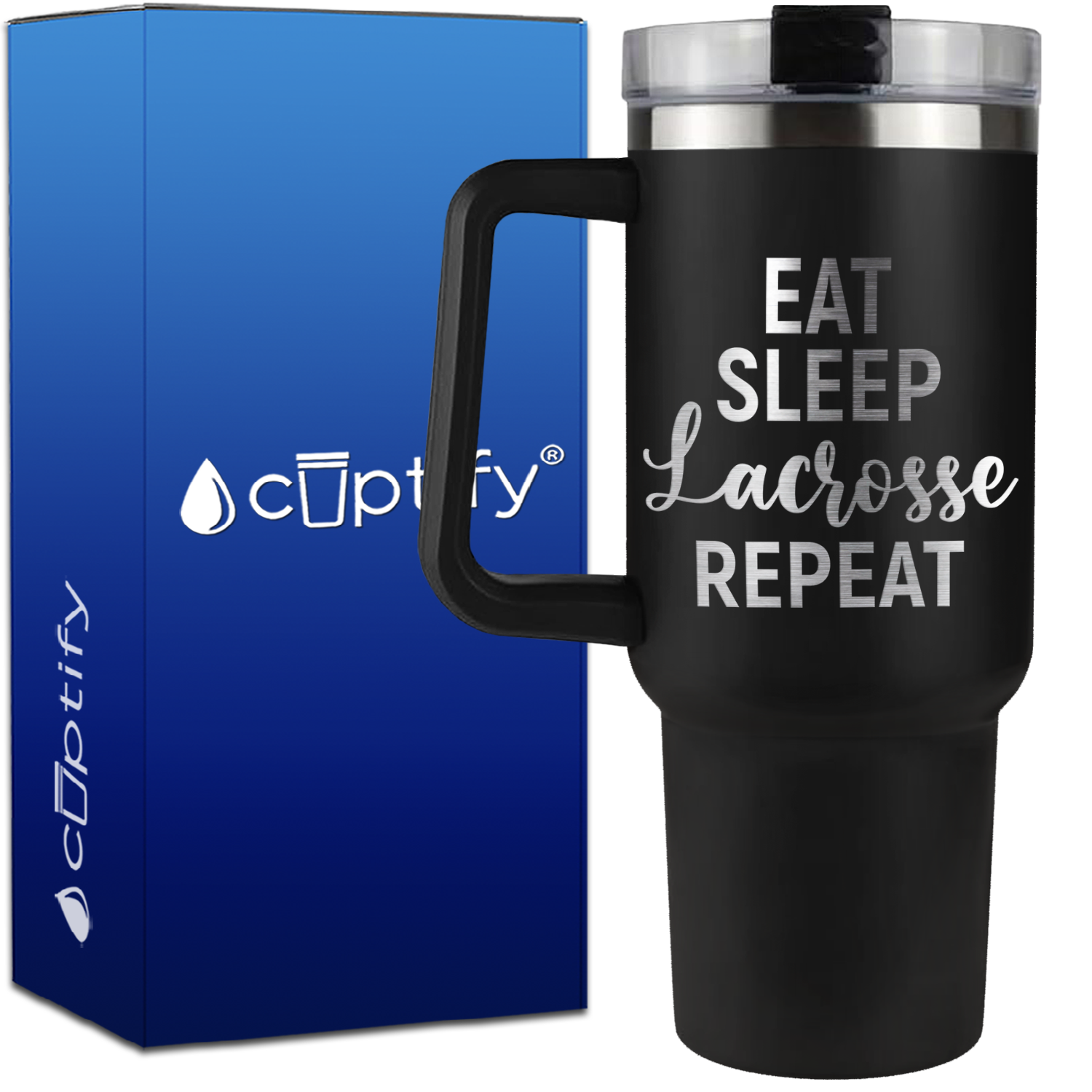 Eat Sleep Lacrosse Repeat Curly on 40oz Lacrosse Traveler Mug