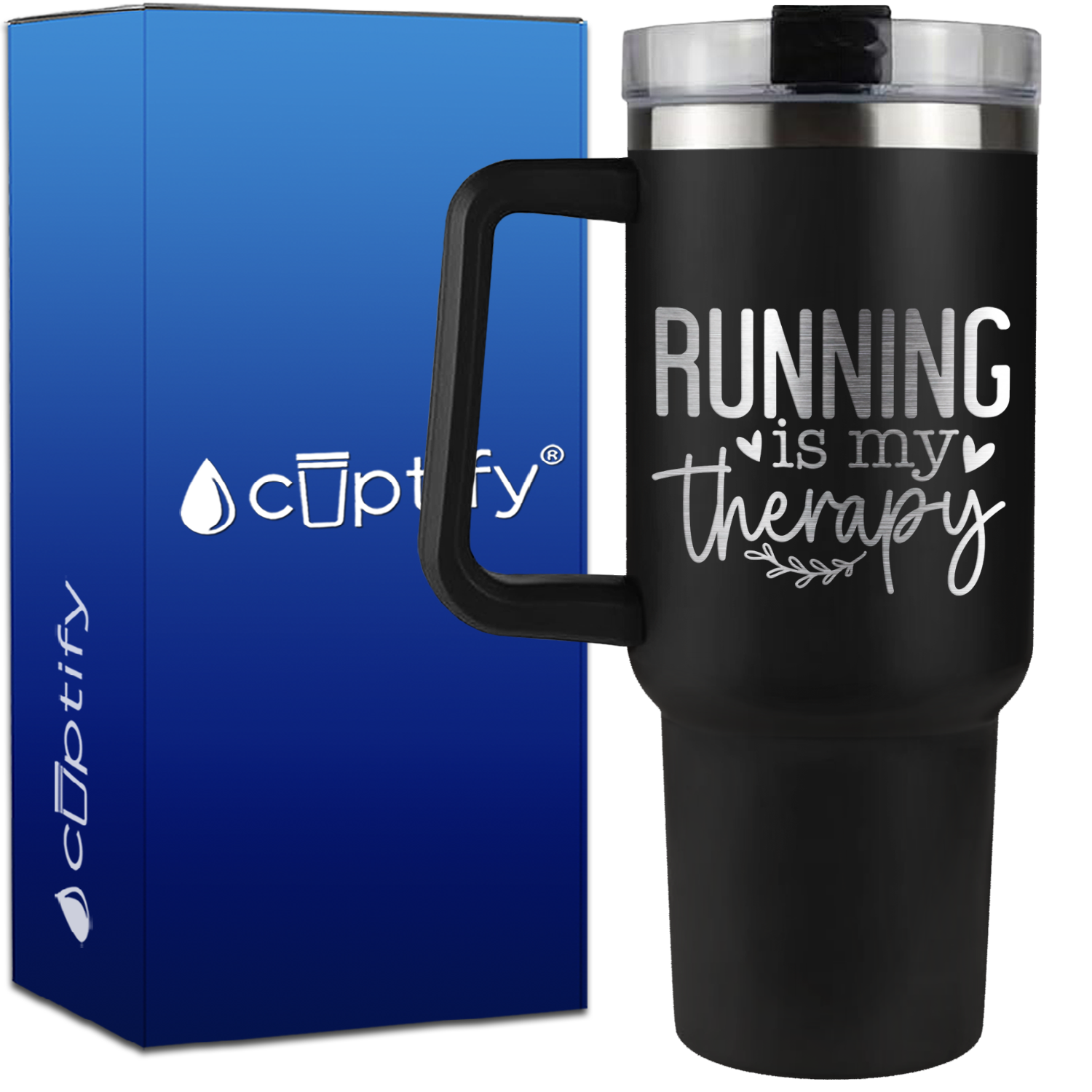 Running is my Therapy Hearts on 40oz Running Traveler Mug