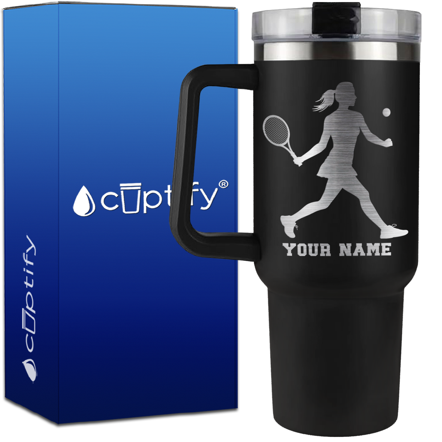 Personalized Female Tennis Player Silhouette on 40oz Tennis Traveler Mug