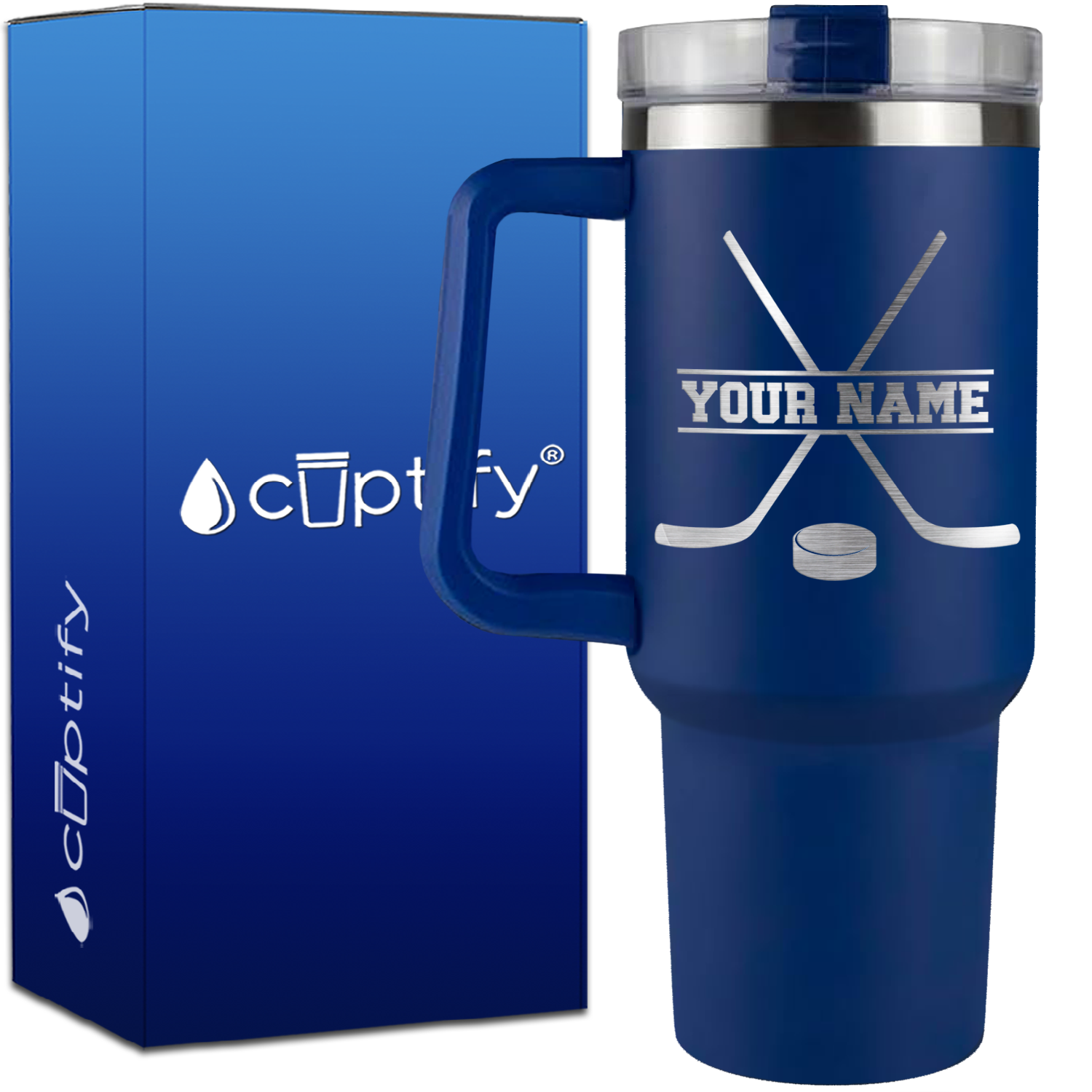 Personalized with Hockey Sticks and Puck on 40oz Hockey Traveler Mug