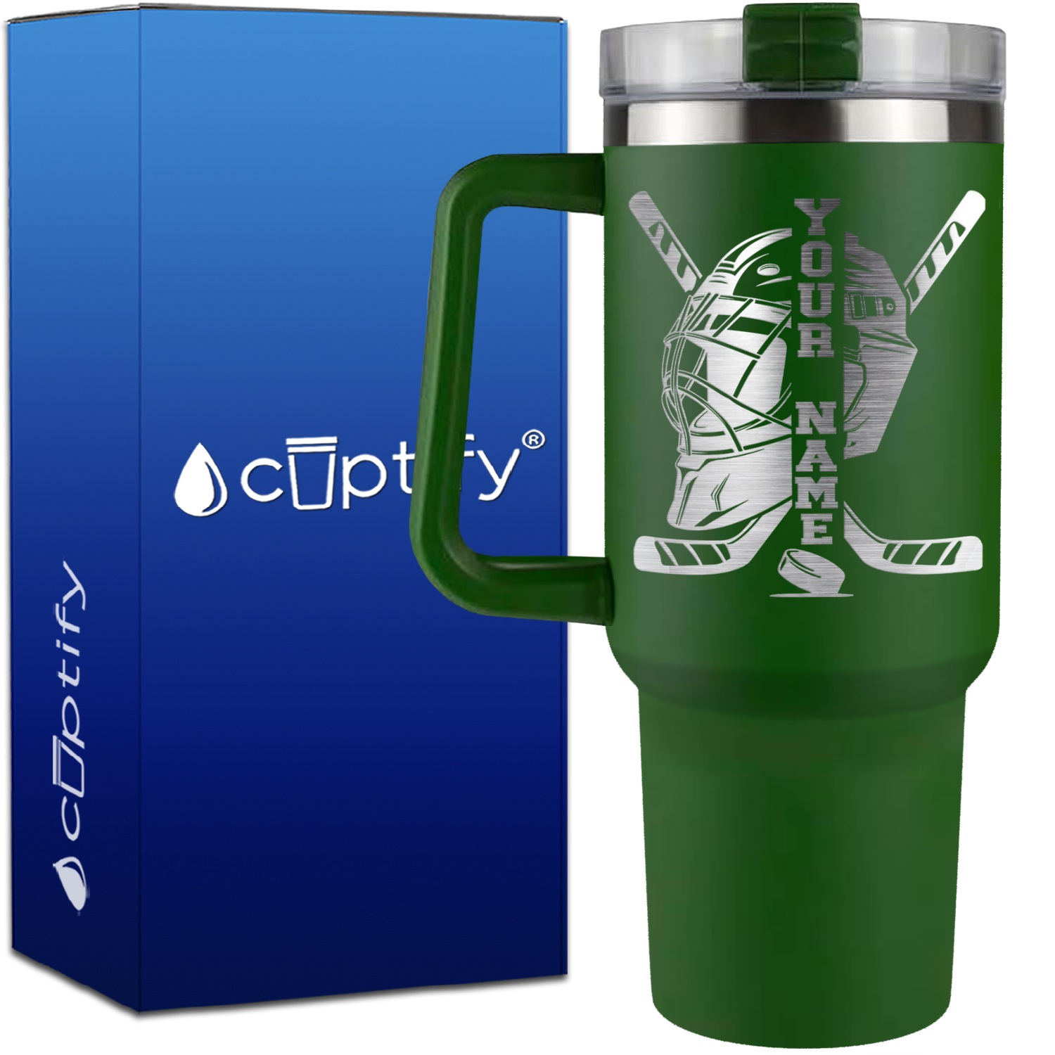 Personalized Hockey Goalie Helmet and Sticks on 40oz Hockey Traveler Mug