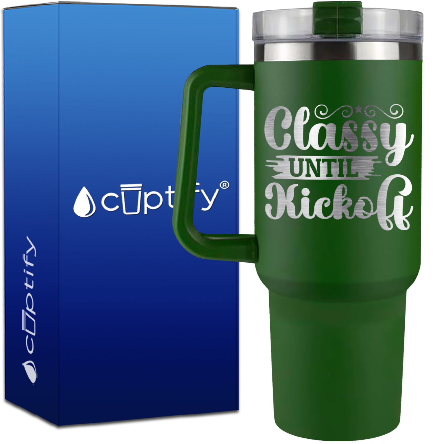 Classy Until Kick Off Script on 40oz Soccer Traveler Mug