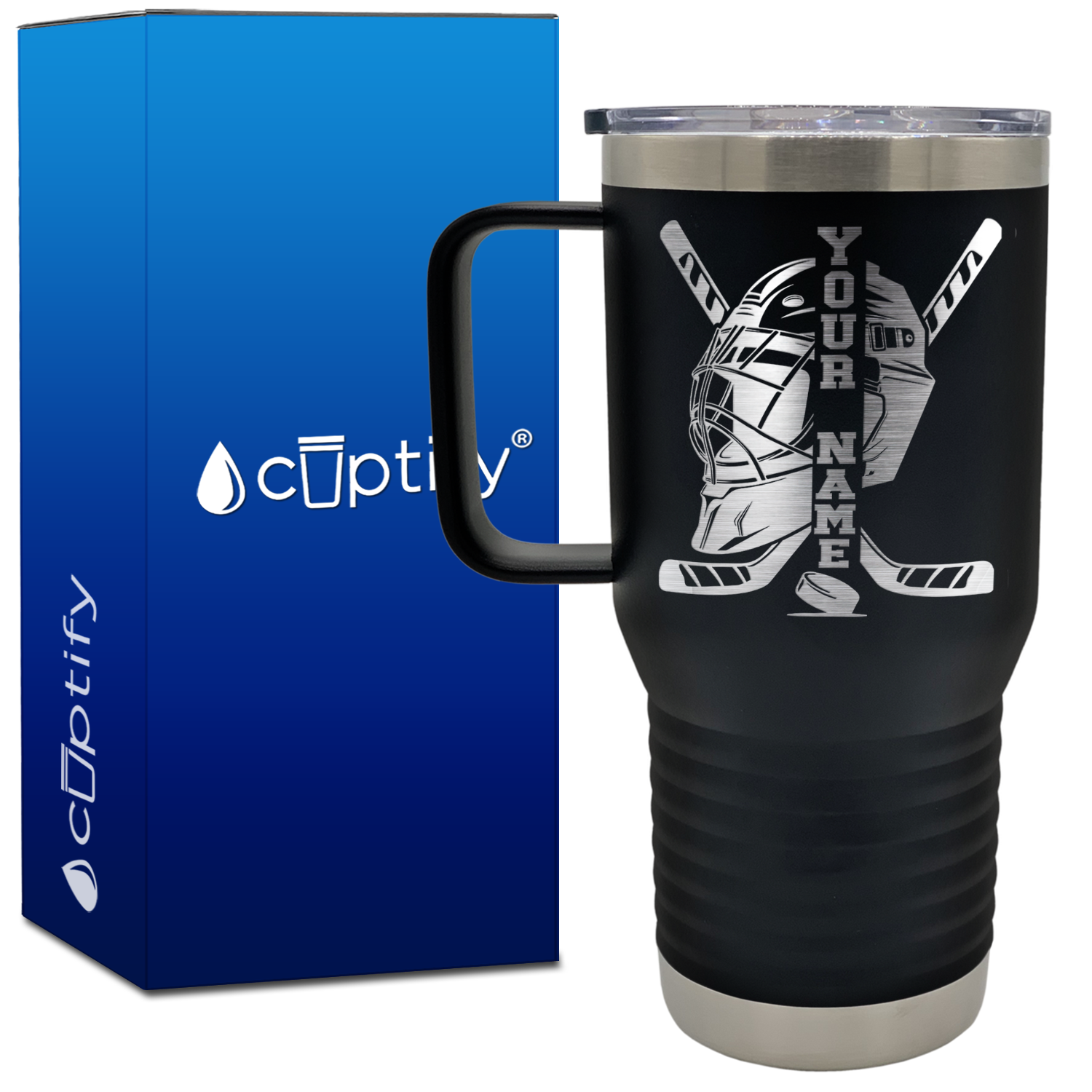 Personalized Hockey Goalie Helmet and Sticks 20oz Hockey Travel Mug