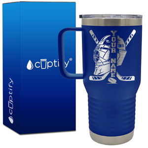 Personalized Hockey Goalie Helmet and Sticks 20oz Hockey Travel Mug