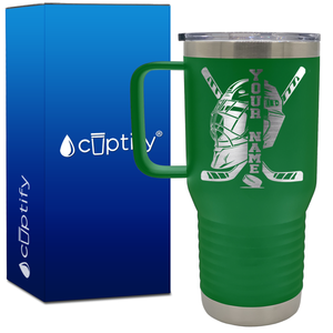 Personalized Hockey Goalie Helmet and Sticks 20oz Hockey Travel Mug