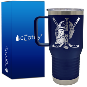 Personalized Hockey Goalie Helmet and Sticks 20oz Hockey Travel Mug