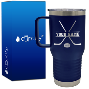 Personalized with Hockey Sticks and Puck 20oz Hockey Travel Mug