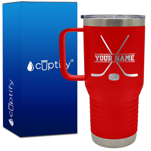 Personalized with Hockey Sticks and Puck 20oz Hockey Travel Mug