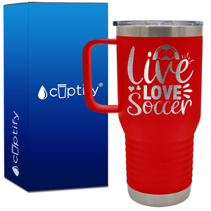 Live Love Soccer Hearts and Ball 20oz Soccer Travel Mug