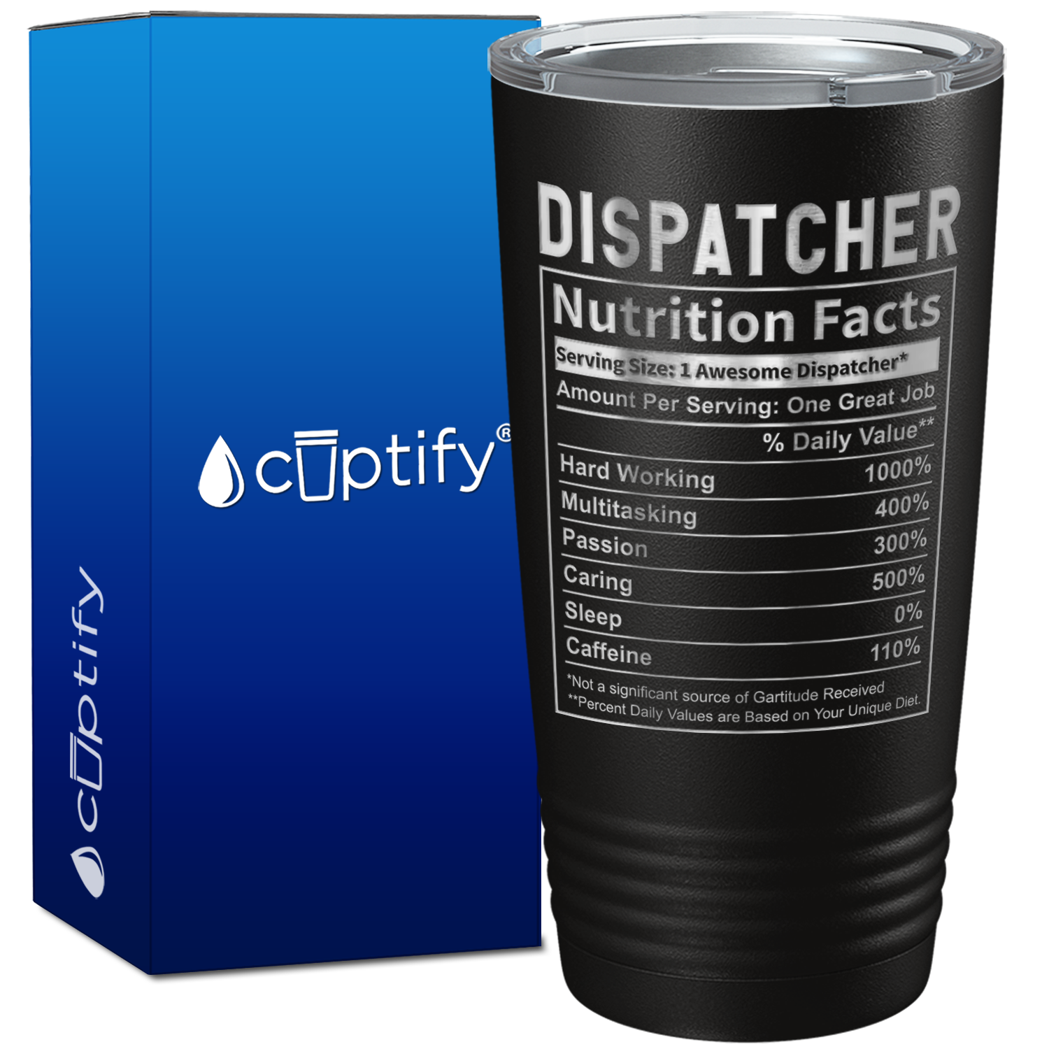 Dispatcher Nutrition Facts on 20oz Tumbler