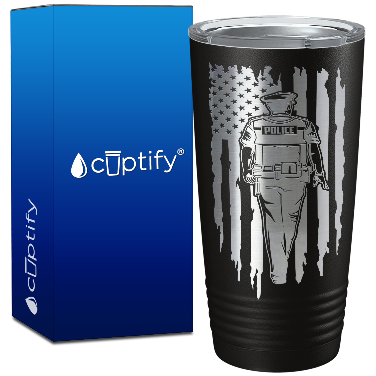 Police Man on American Flag on 20oz Tumbler