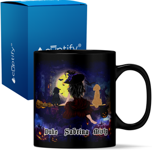 Personalized Flying Witches with Dog on 11oz Ceramic Black Coffee Mug