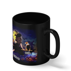 Personalized Flying Witches with Dog on 11oz Ceramic Black Coffee Mug