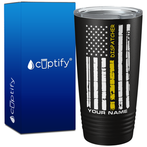 Personalized Distressed Dispatcher Thin Gold Line Flag 20oz Black Tumbler