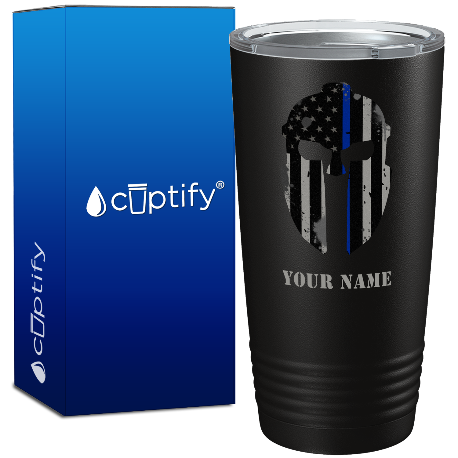 Personalized Police Spartan Helmet Thin Blue Line 20oz Black Tumbler