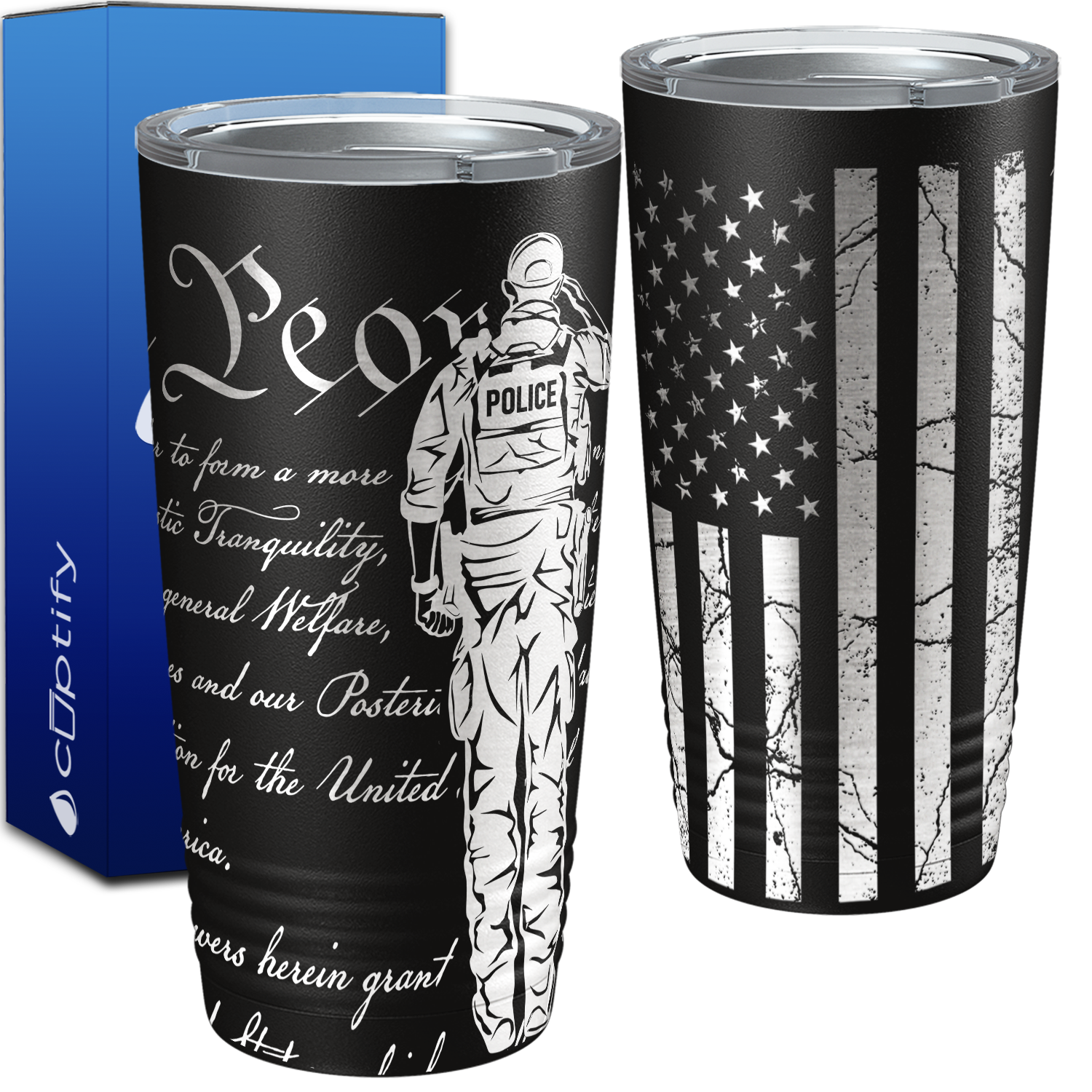 Police We the People Distressed Flag Engraved Wrap 20oz Black Tumbler