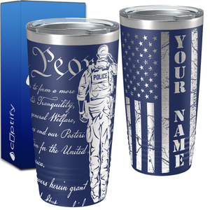 Personalized Police We the People Distressed Flag Engraved Wrap 20oz Navy Blue Tumbler