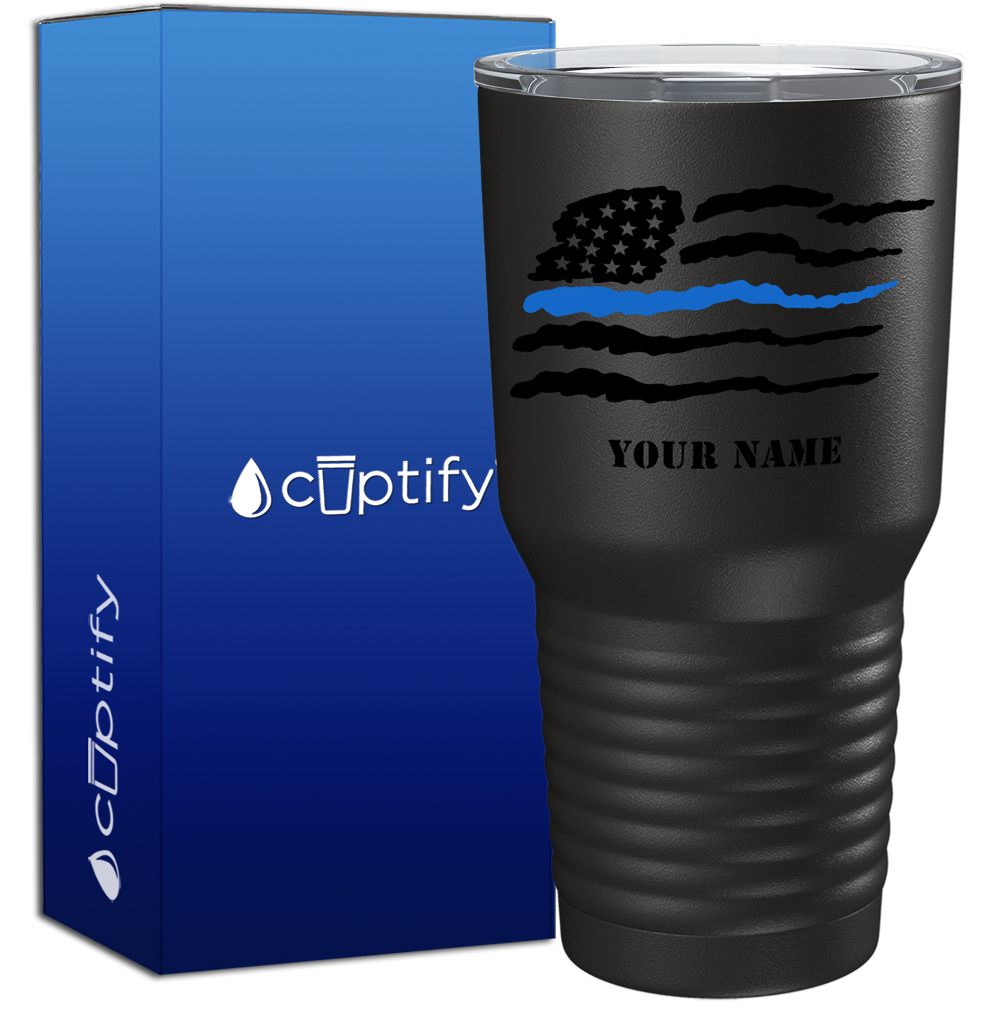 Personalized Thin Blue Flag Police on Black 30oz Police Tumbler