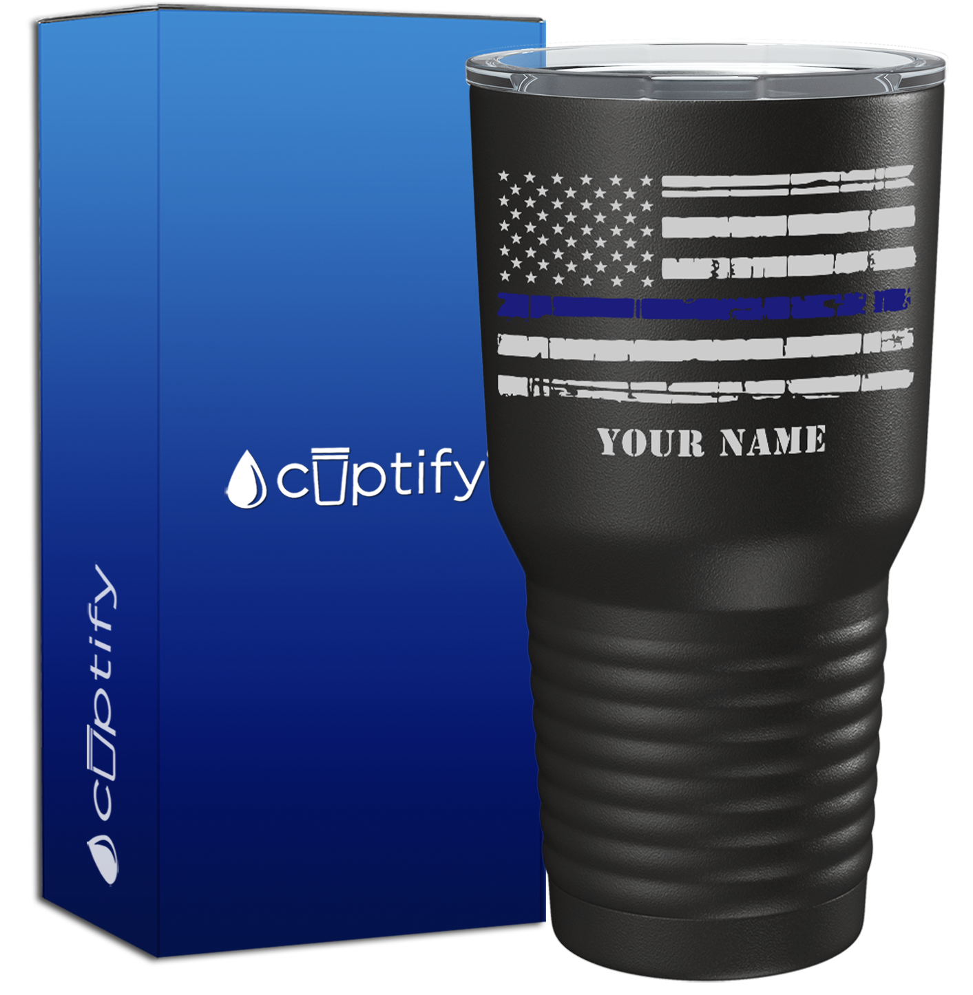 Personalized Distressed Thin Blue Line Police Flag on Black 30oz Police Tumbler