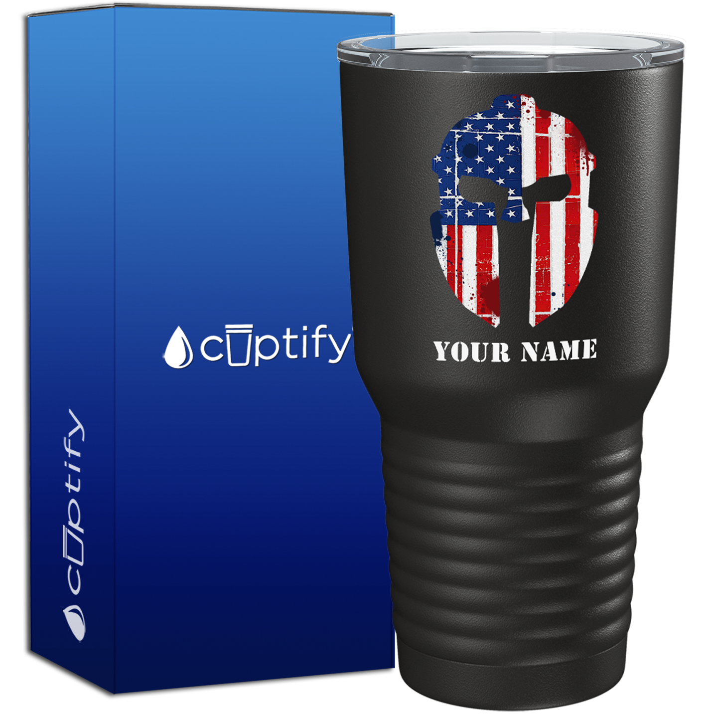 Personalized Spartan Helmet American Flag on Black 30oz Police Tumbler