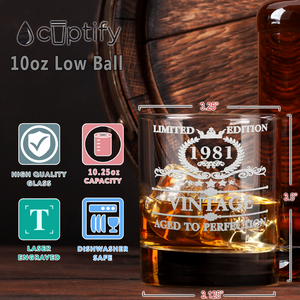 40th Birthday Vintage 40 Years Old Established 1981 Laser Engraved 10.25oz Old Fashion Glass