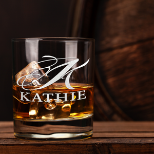 Personalized Script Monogram Initial and Name Laser Engraved on 10.25 oz Rocks Old Fashion Glass