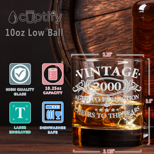 Vintage Aged To Perfection Cheers To 21 Years 2000 Laser Engraved on 10.25oz Old Fashion Glass