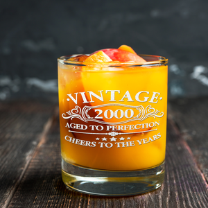 Vintage Aged To Perfection Cheers To 21 Years 2000 Laser Engraved on 10.25oz Old Fashion Glass