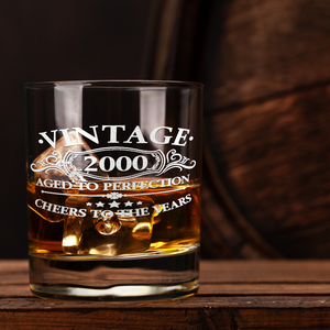 Vintage Aged To Perfection Cheers To 21 Years 2000 Laser Engraved on 10.25oz Old Fashion Glass