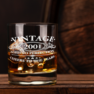 Vintage Aged To Perfection Cheers To 20 Years 2001 Laser Engraved on 10.25oz Old Fashion Glass