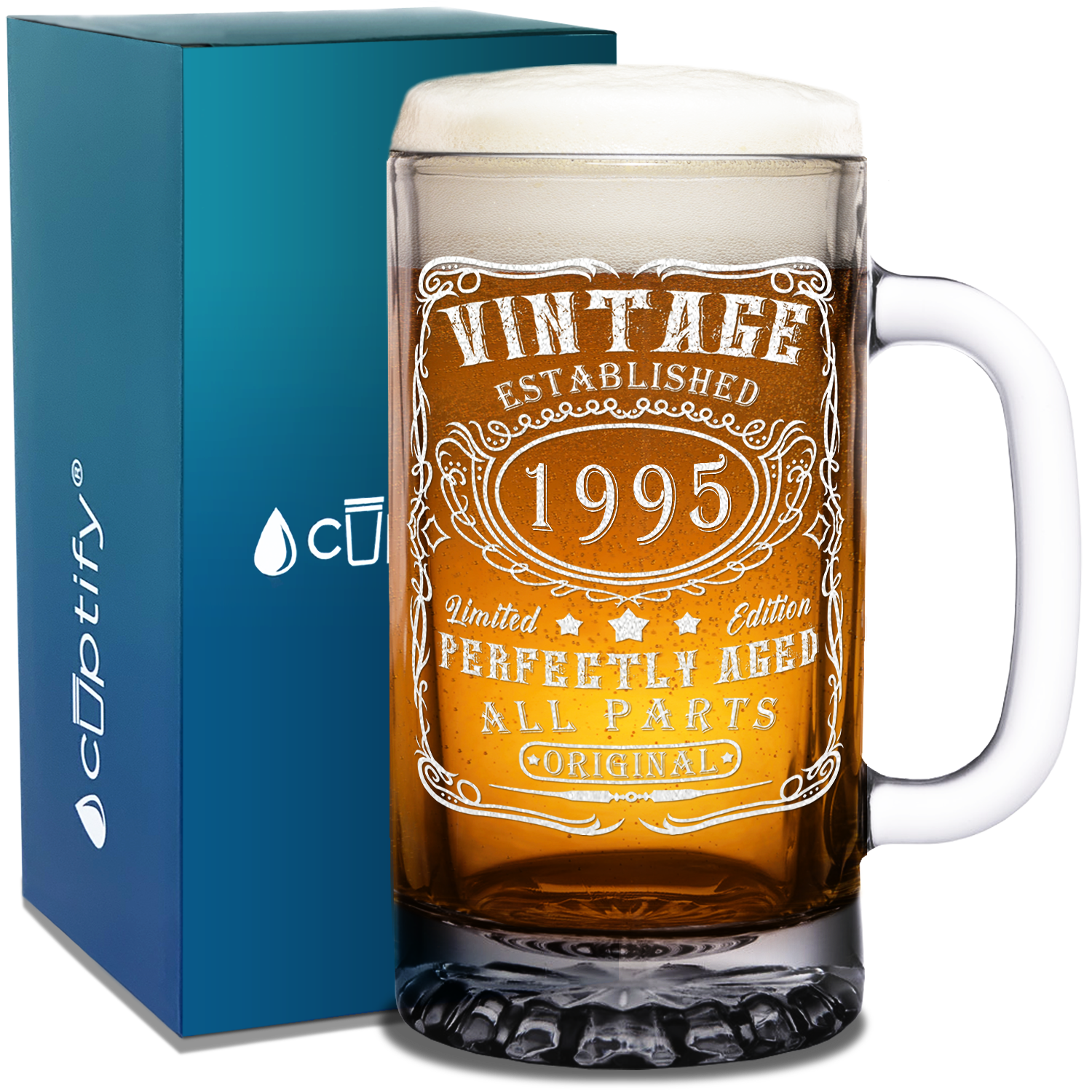 27th Birthday Gift Vintage Established 1995 Etched on 16oz Glass Mug