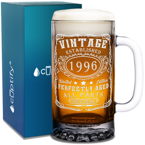 26th Birthday Gift Vintage Established 1996 Etched on 16oz Glass Mug