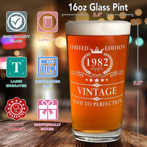 Birthday Vintage Old Established 1982 Glass Pint