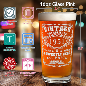 70th Birthday Gift Vintage Established 1951 Laser Engraved Glass Pint