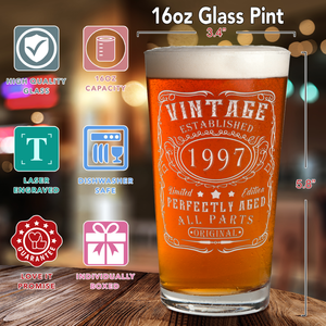 25th Birthday Gift Vintage Established 1997 Glass Pint